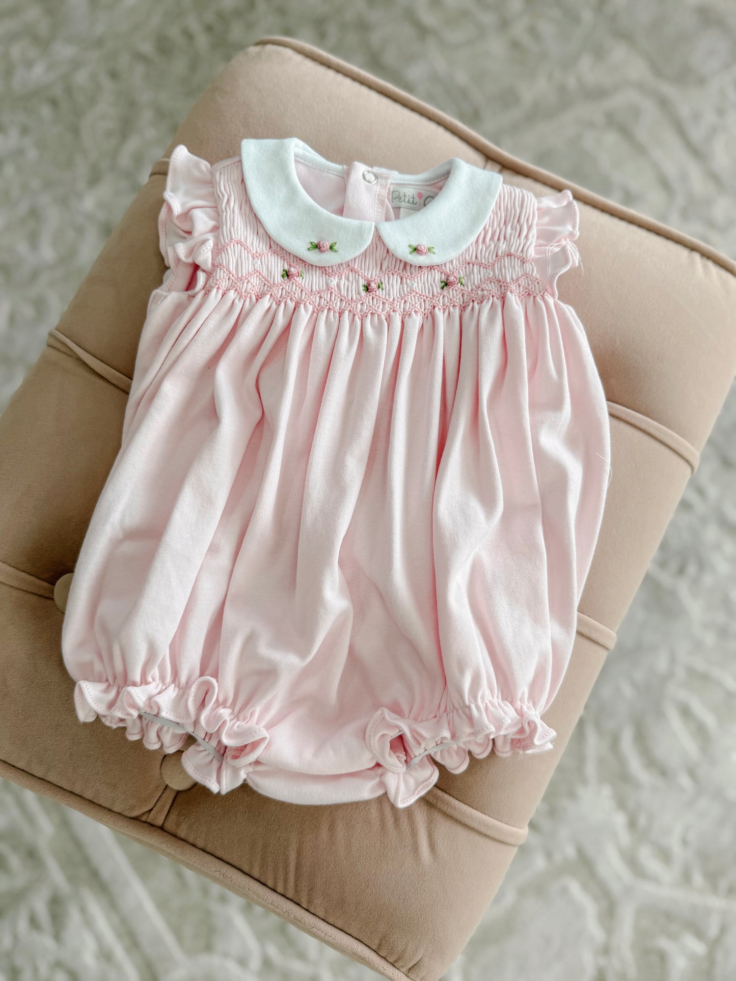 Pink Ruffle Sleeve Smocked Bubble