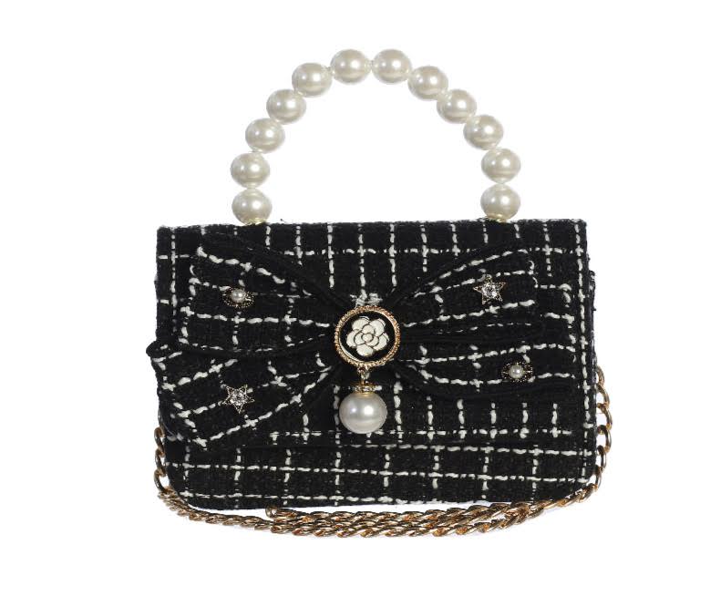 Black Tweed Purse with Dangling Pearl