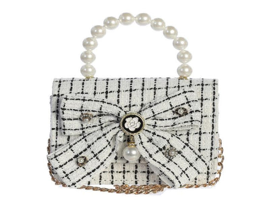 White Tweed Purse with Dangling Pearl