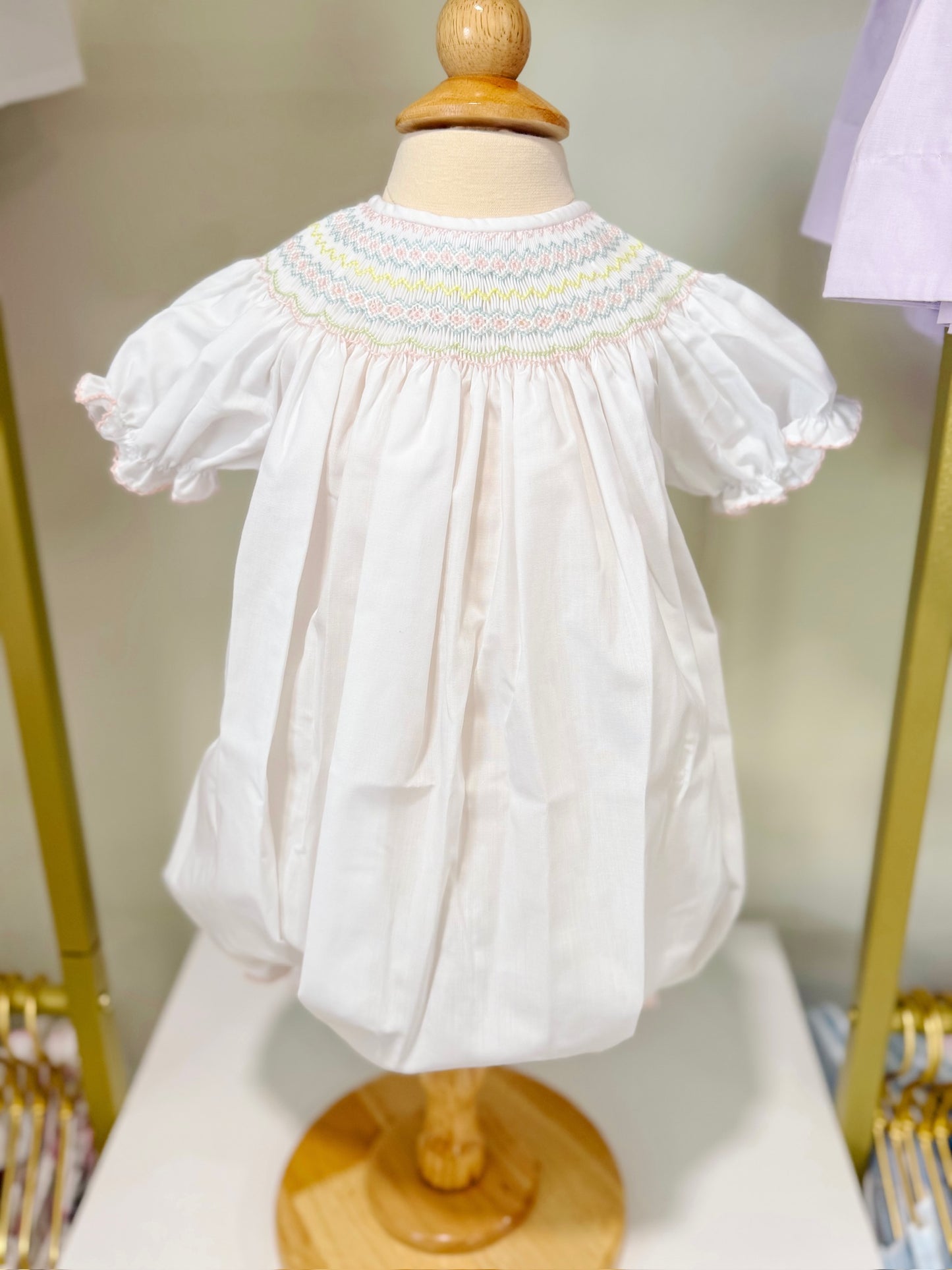 Classic White Bishop Bubble with Colorful Smocking
