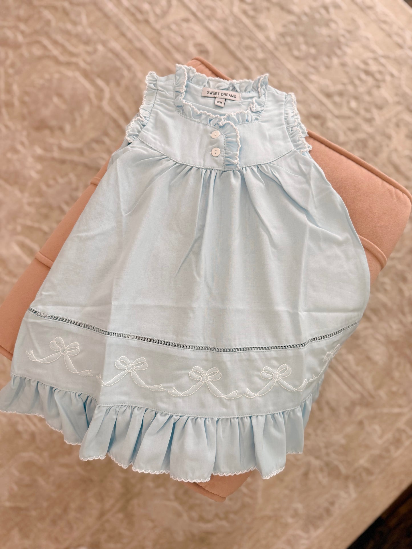 Blue Bow Embroidered Ruffle Sleeveless Nightgown