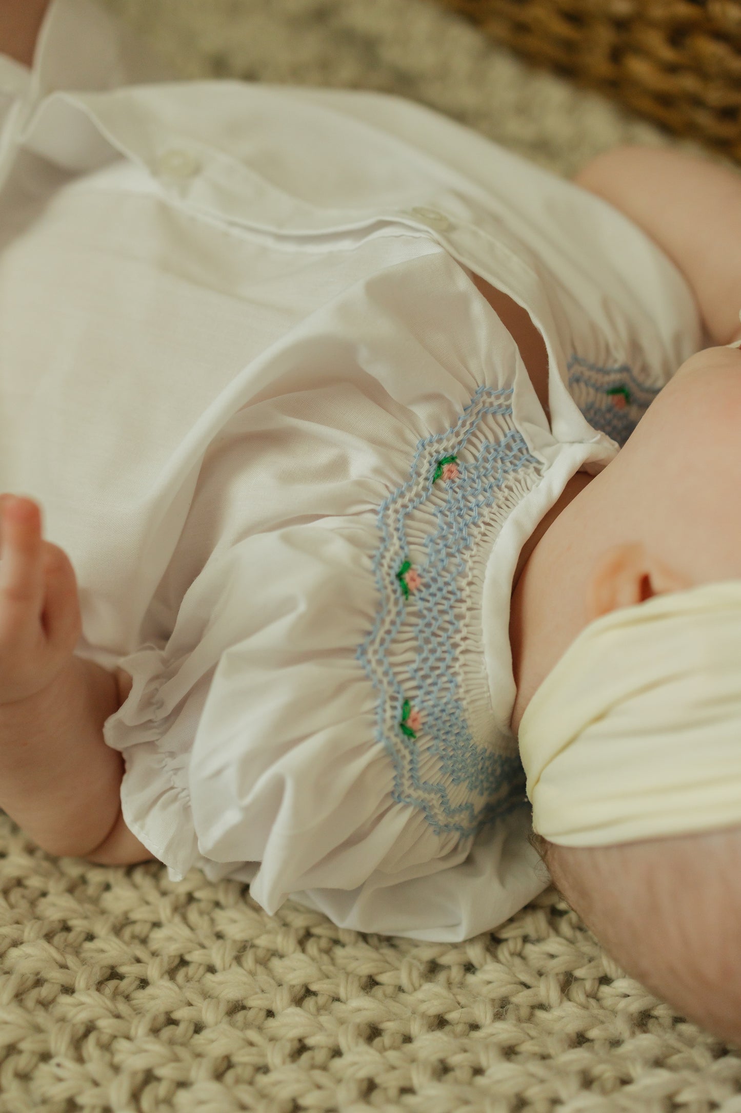 White Button Up Bishop Daygown with Blue Smocking