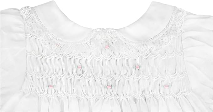 Fully Smocked White Lace Trim Dress with Bloomers & Bonnet