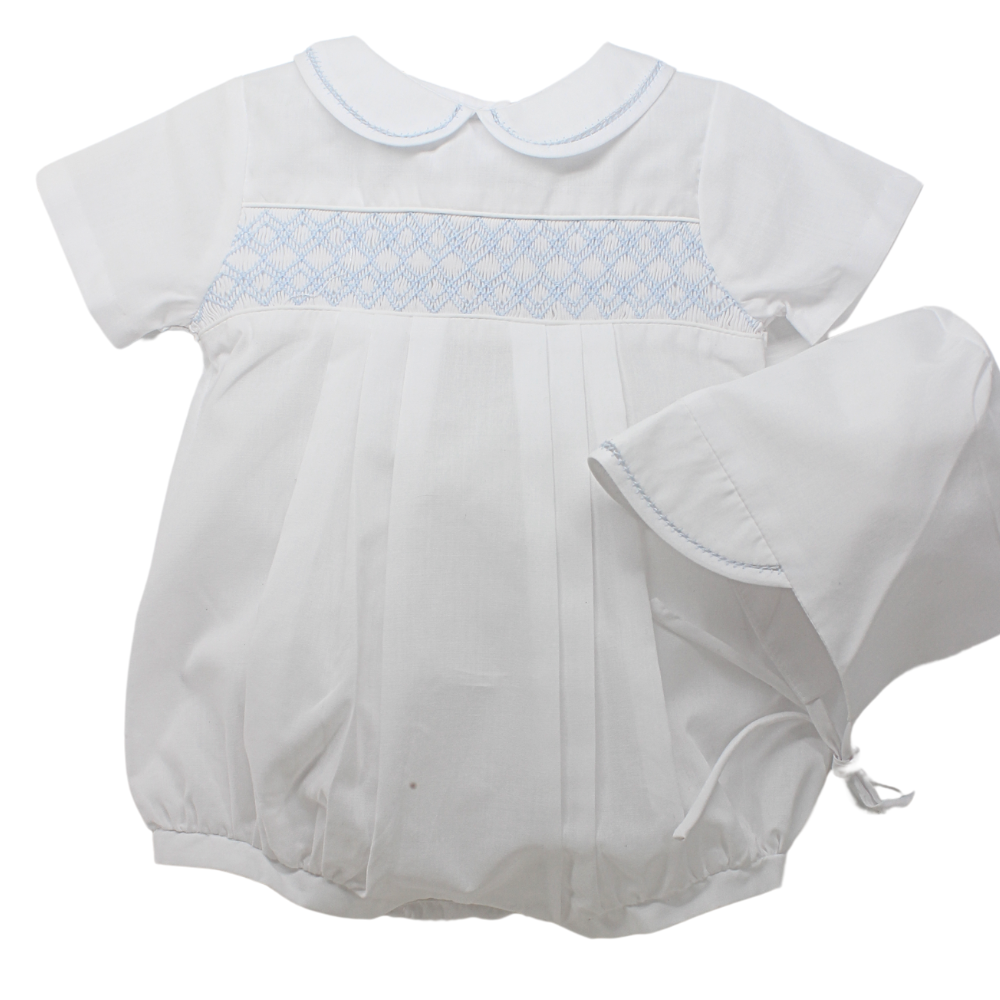 Blue and White Horizontal Smocked Bubble with Hat
