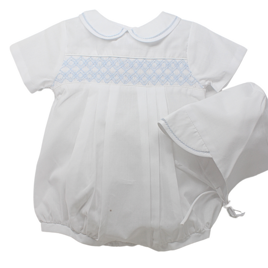Blue and White Horizontal Smocked Bubble with Hat