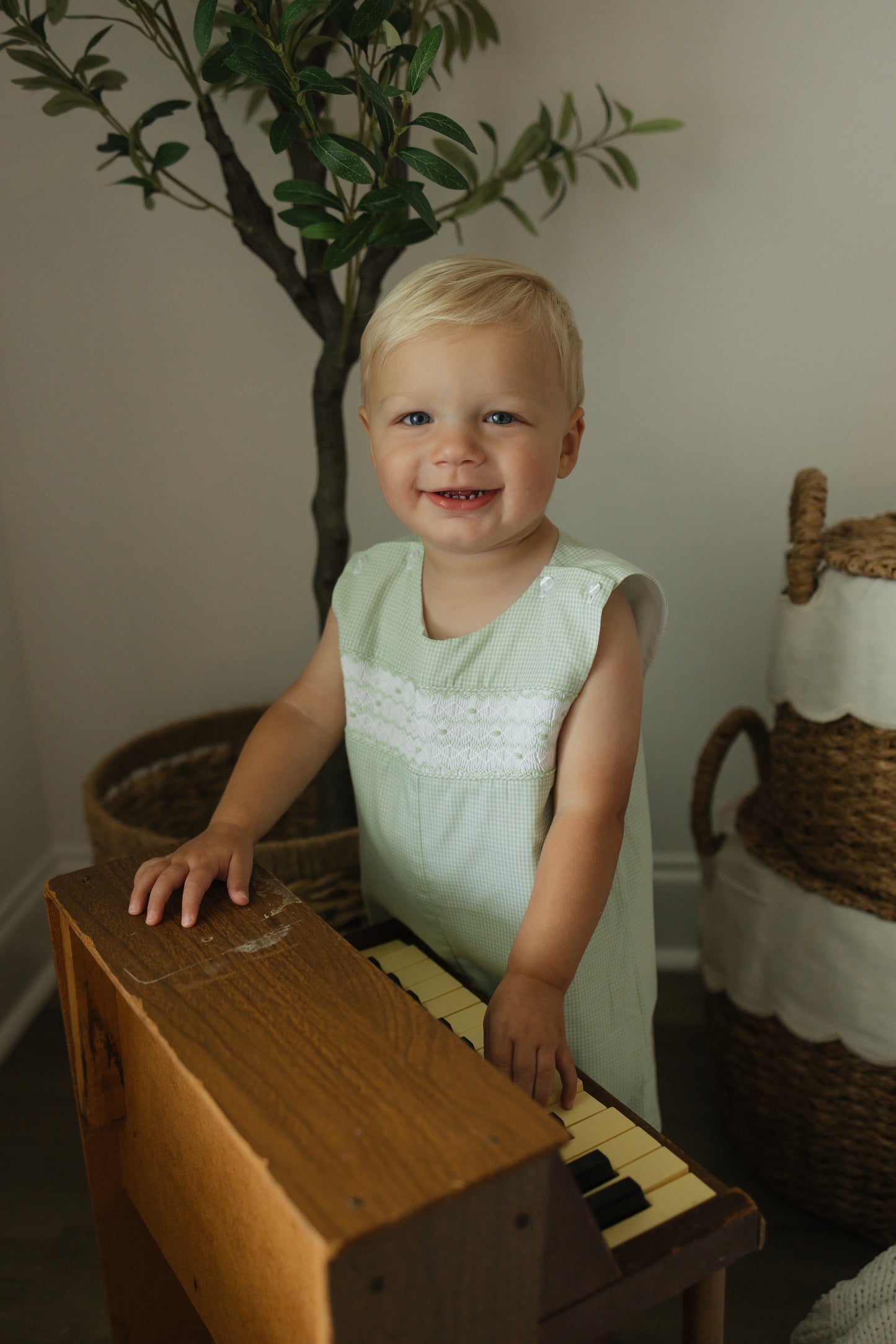 Green Gingham Smocked Shortall