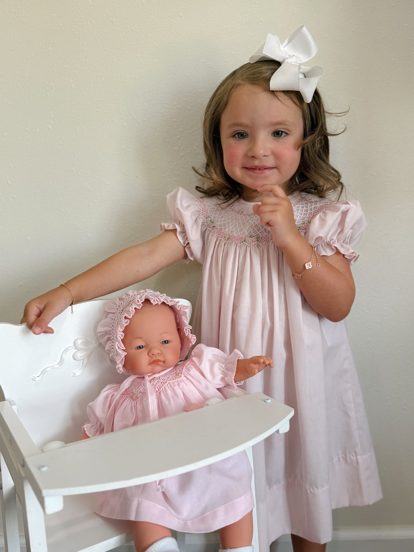 Emma Babydoll with Pink Bishop Dress with Bullion Roses and matching Bonnet