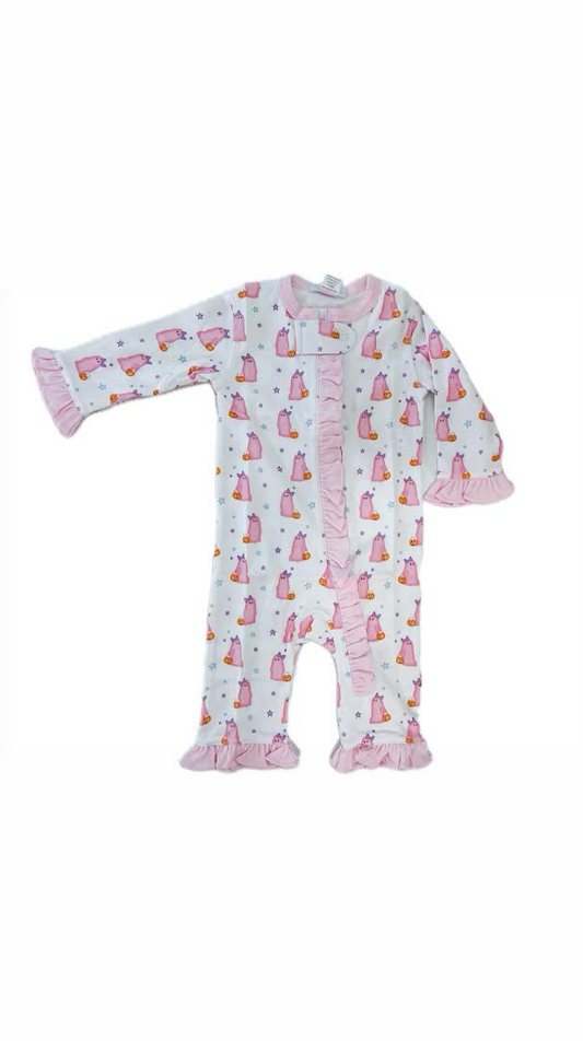 Pink Ghost Print Ruffle Pajamas