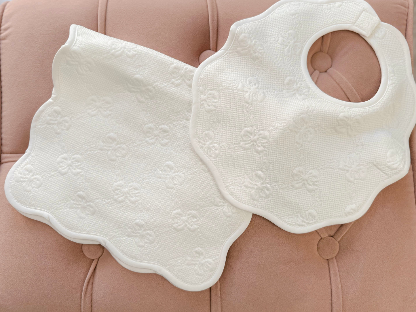 White Bows Bib & Burp Cloth Scallop Set