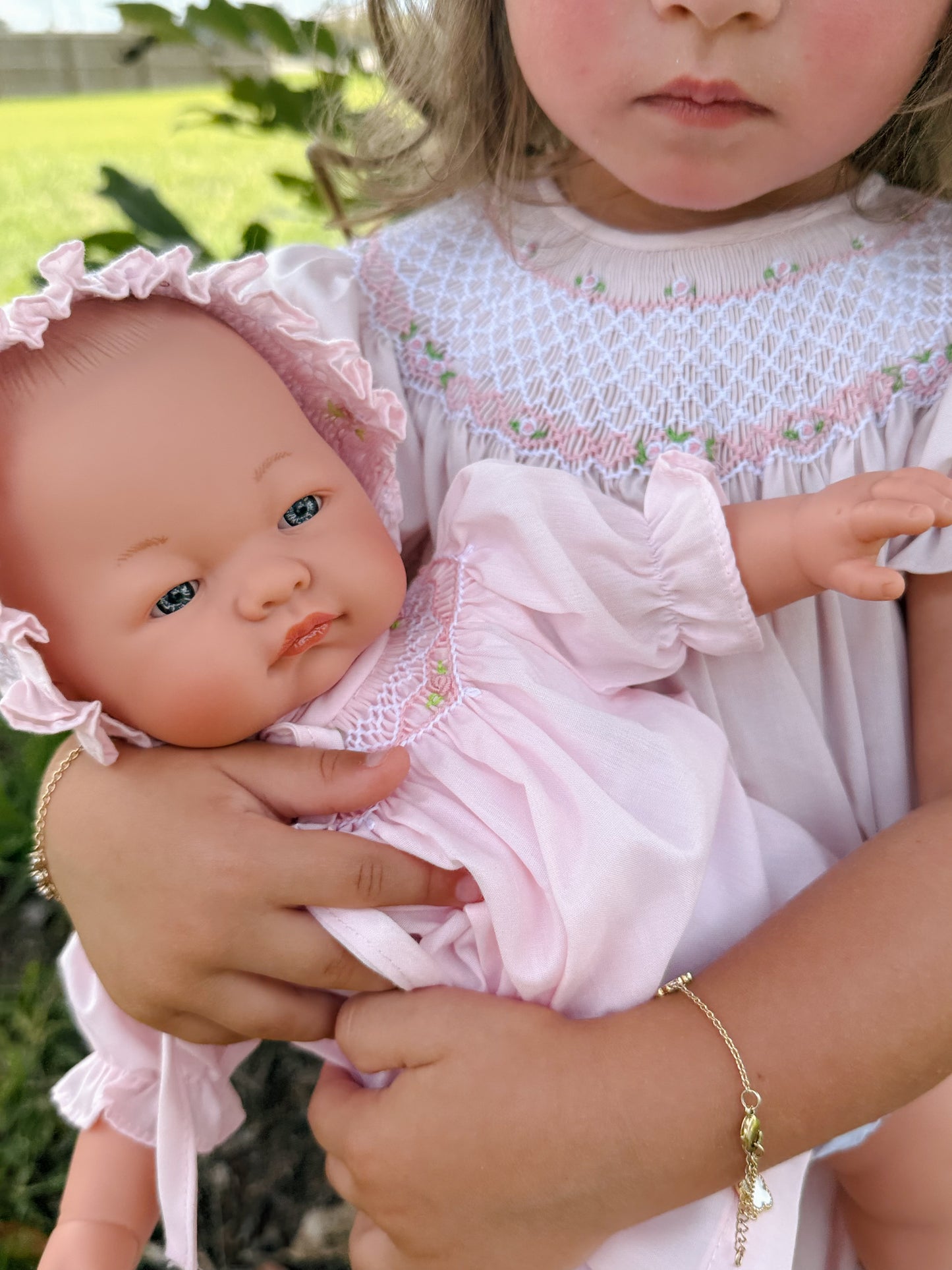 Emma Babydoll with Pink Bishop Dress with Bullion Roses and matching Bonnet