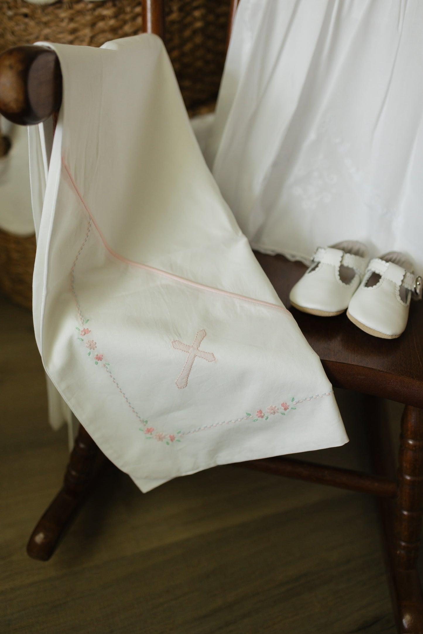 Pink & White Cross Embroidered Blanket