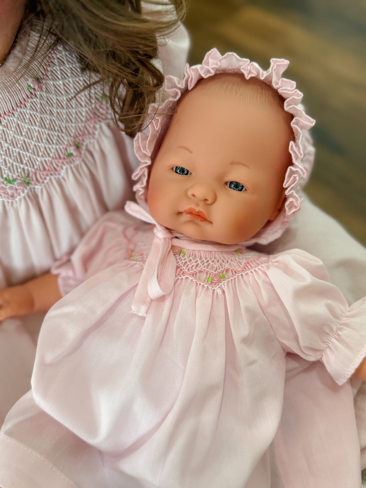 Emma Babydoll with Pink Bishop Dress with Bullion Roses and matching Bonnet