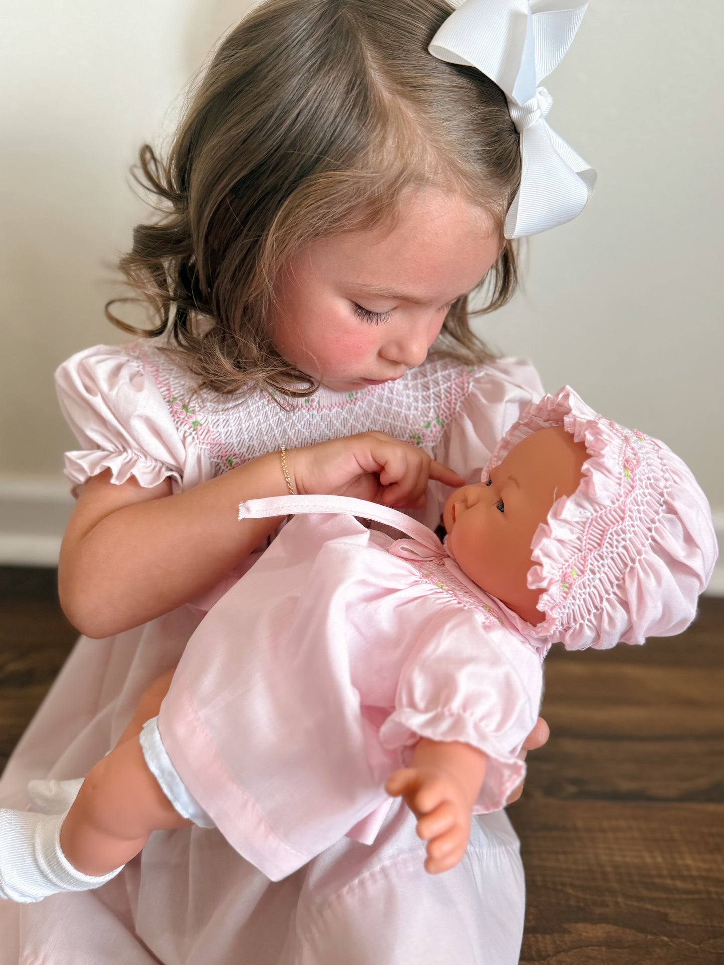 Emma Babydoll with Pink Bishop Dress with Bullion Roses and matching Bonnet