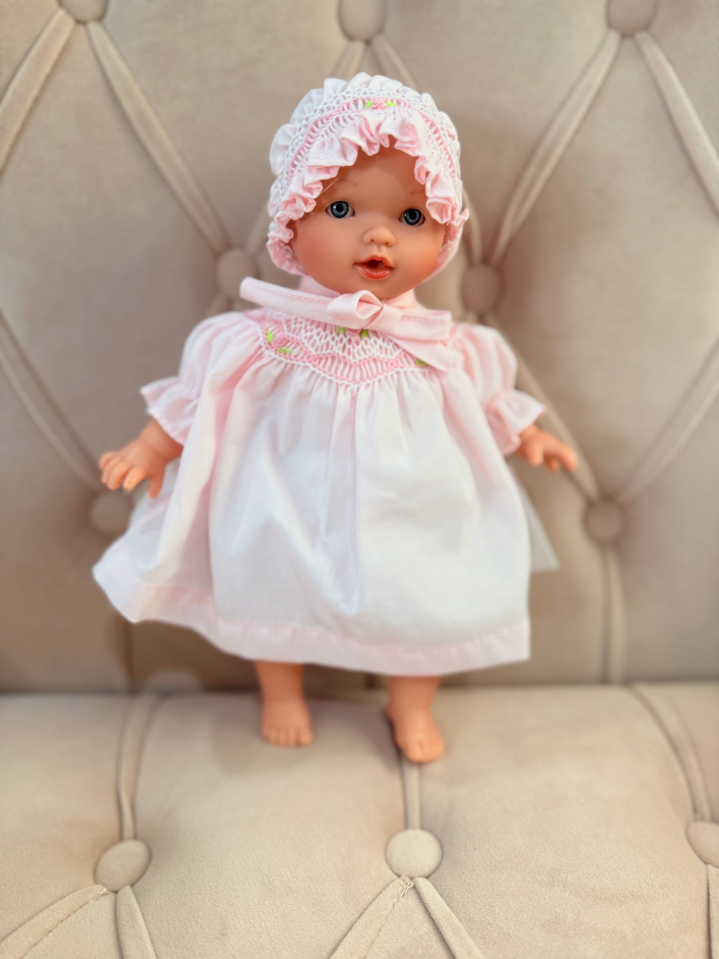 Abby Blue Eye 10” Babydoll with Pink Bullion Rose Smocked Dress, Bloomers & Bonnet