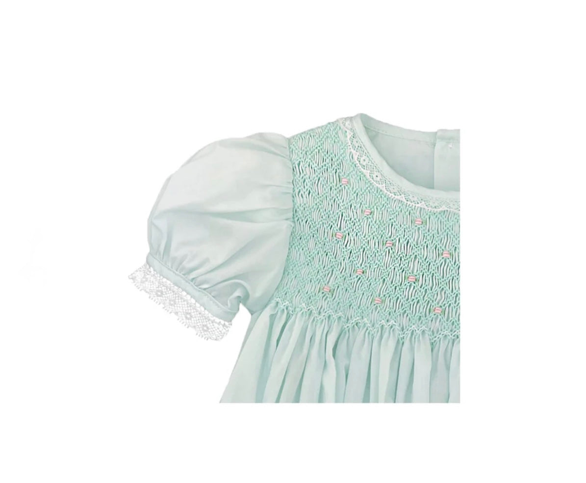 Mint Smocked Dress with French Lace