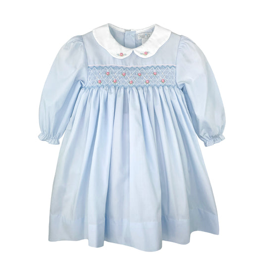 Blue Fully Smocked Dress with Petal Collar