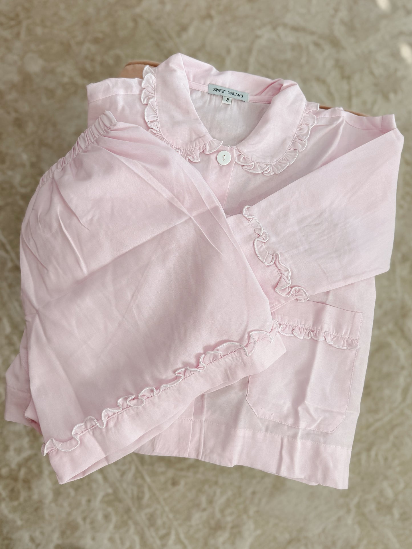Pink Ruffle Long Sleeve Pajama Short Set