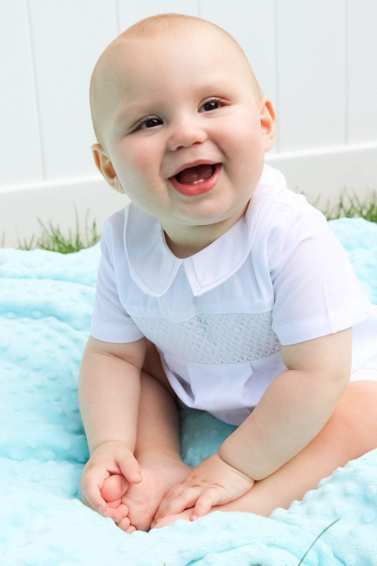 White Horizontal Smocked Romper with Hat