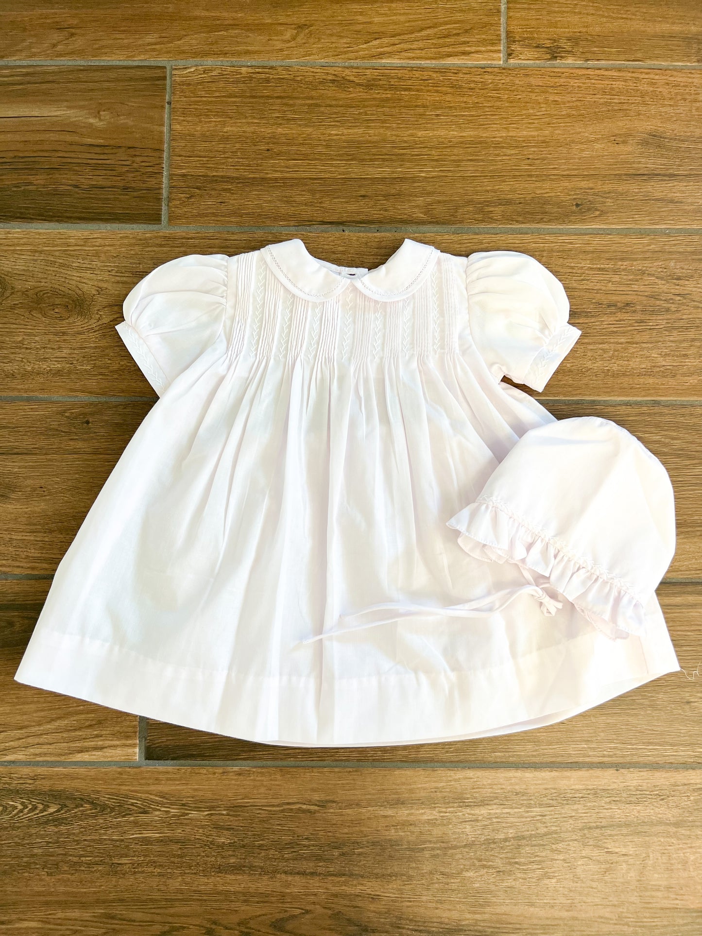 Pink Dress with Pintucks & Featherstitching with Bonnet & Bloomers