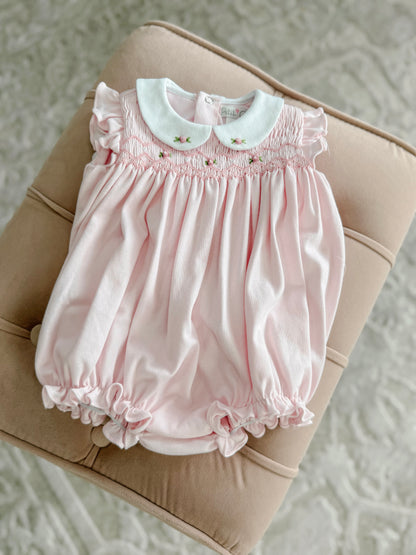Pink Ruffle Sleeve Smocked Bubble