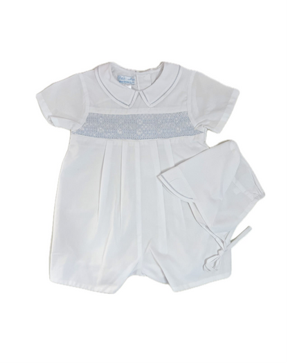 Blue and White Horizontal Smocked Romper with Hat