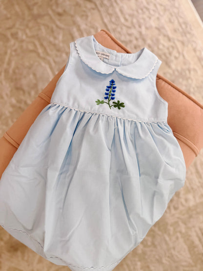 Blue Floral Embroidered Dress with Picot Trim