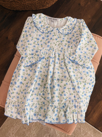 Blue Floral Ruffle Sleeve Nightgown