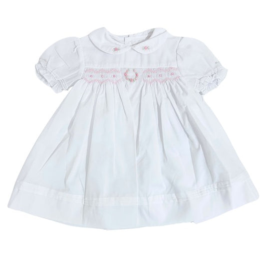 White and Pink Flower Embroidered Smocked Dress with Bloomers & Bonnet