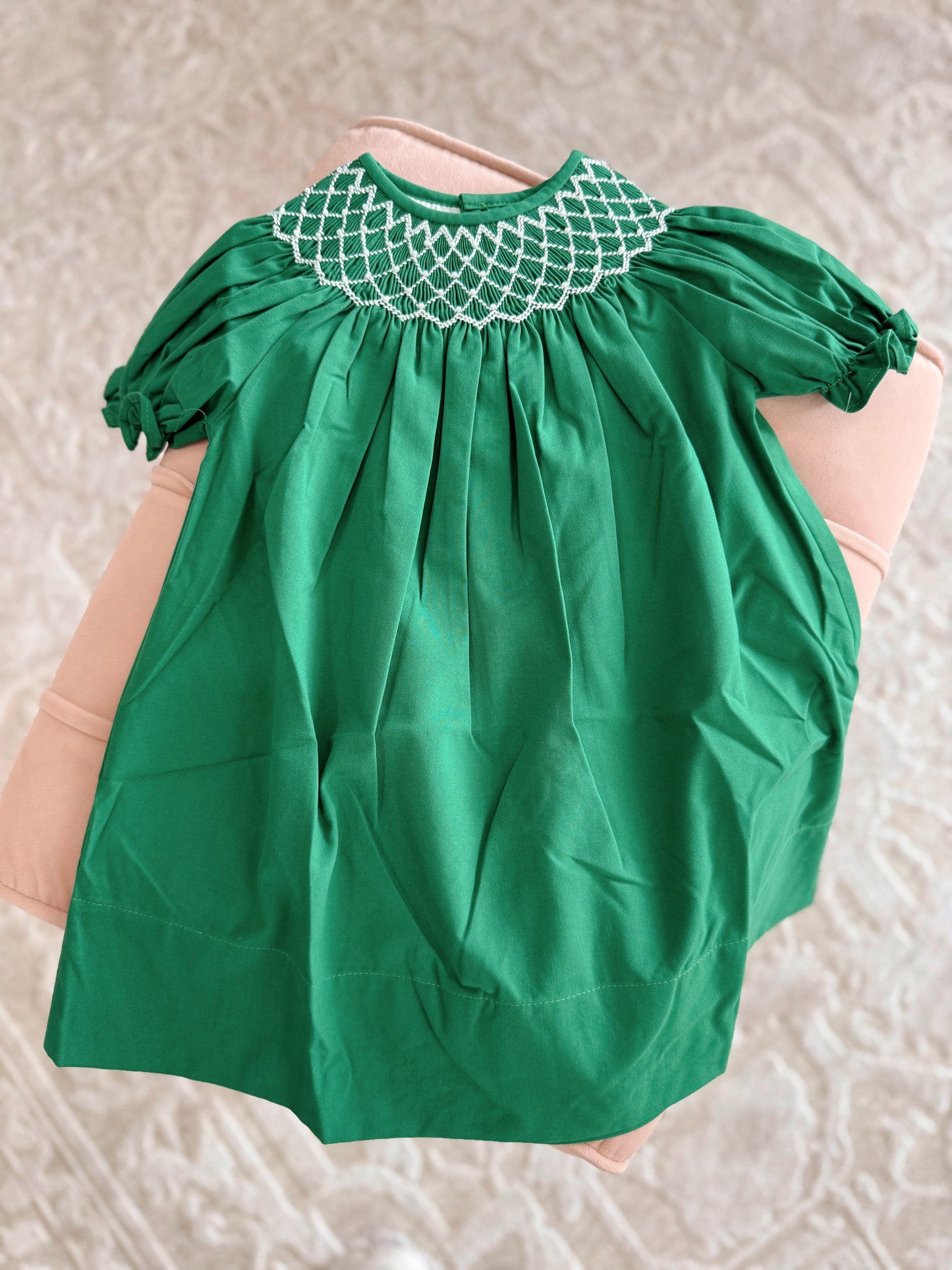 Emerald Green Pearl Beaded Smocked Dress