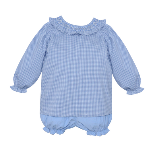 Blue Gingham Smocked Bloomer Set