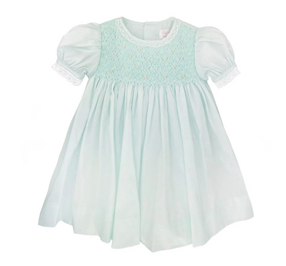 Mint Smocked Dress with French Lace