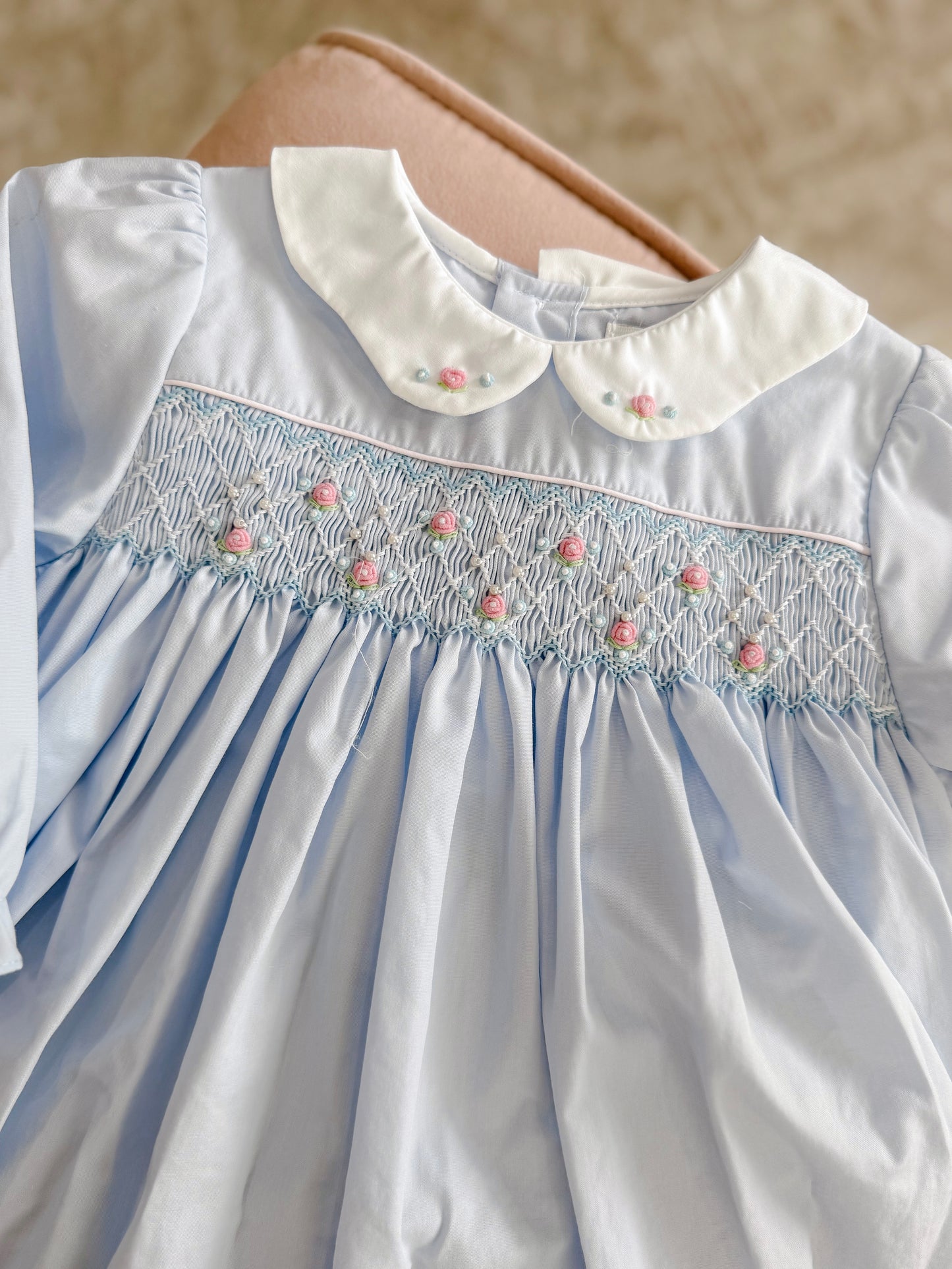 Blue Fully Smocked Dress with Petal Collar