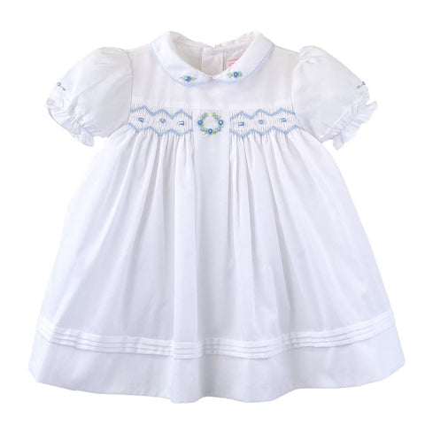 White and Blue Flower Embroidered Smocked Dress with Bloomers & Bonnet