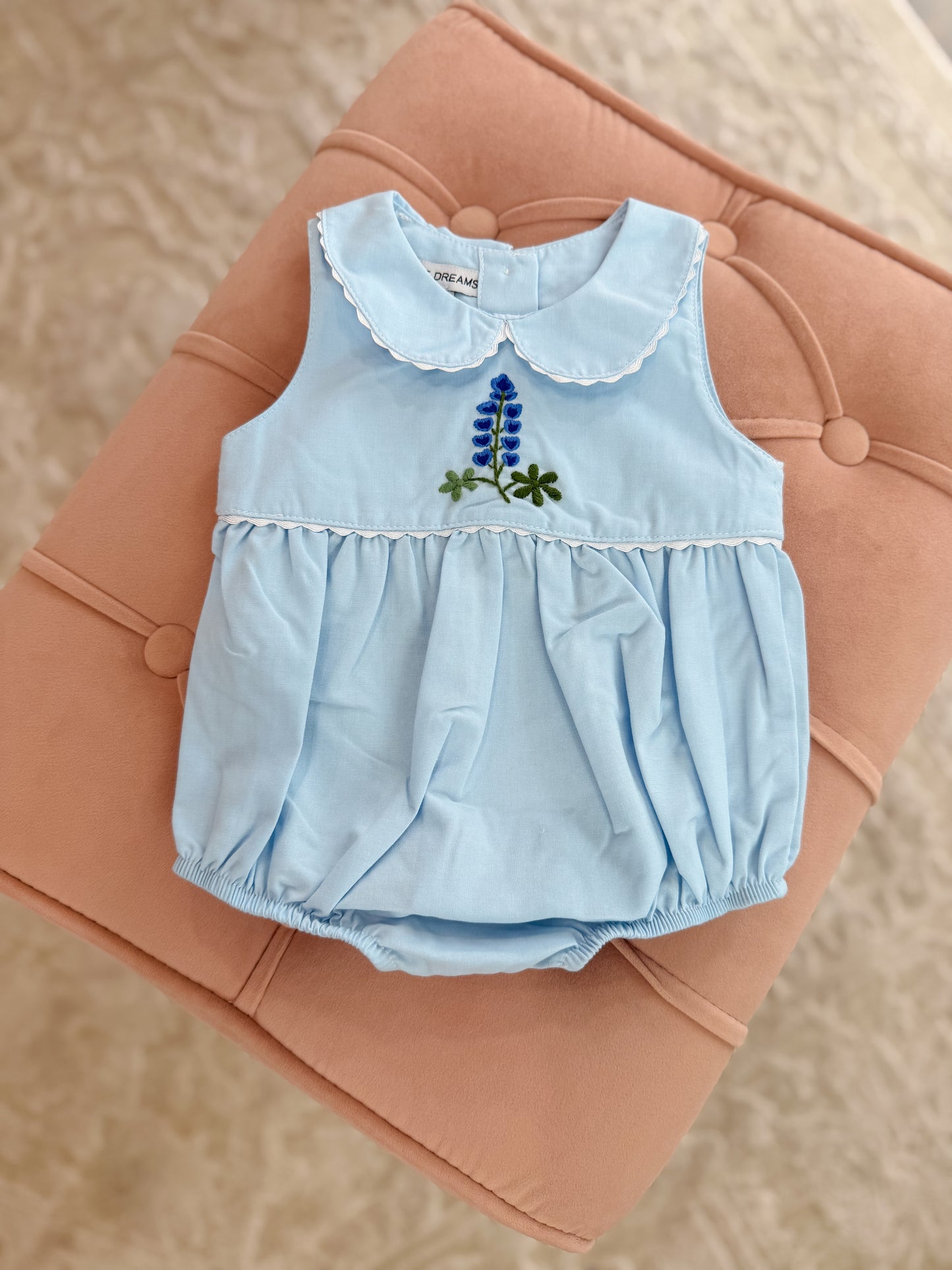 Blue Floral Embroidered Bubble with Picot Trim