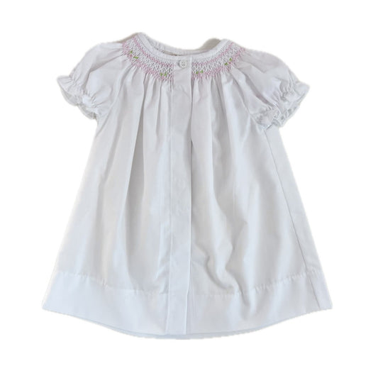 White Button Up Bishop Daygown with Pink Smocking