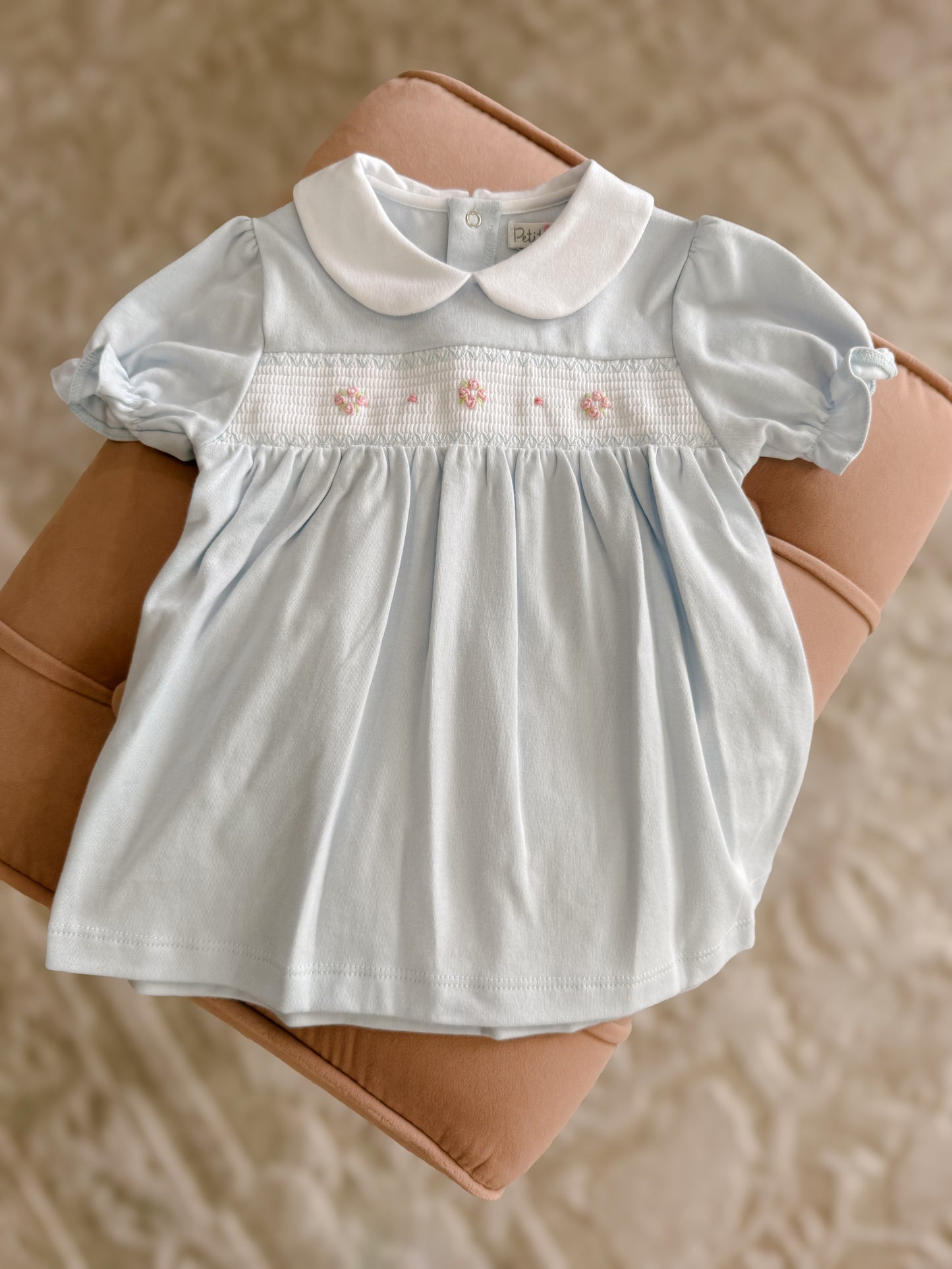 Blue Smocked Collared Dress with Ruffle Sleeve