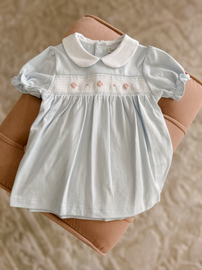 Blue Smocked Collared Dress with Ruffle Sleeve
