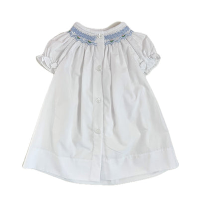 White Button Up Bishop Daygown with Blue Smocking