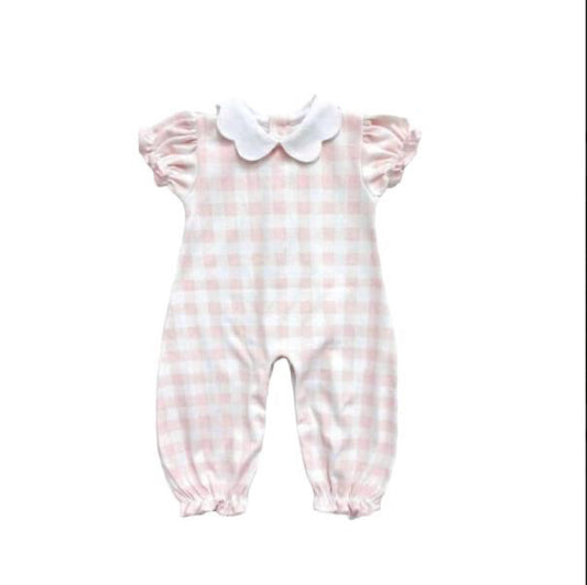 Pink Gingham Scallop Collared Playsuit