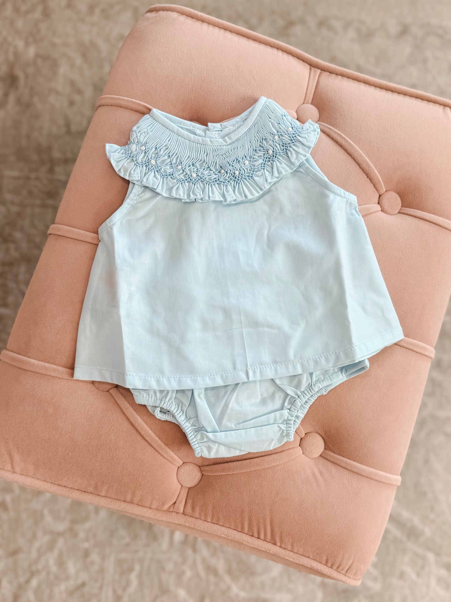 Blue Ruffle Smocked Collar Bloomer Set