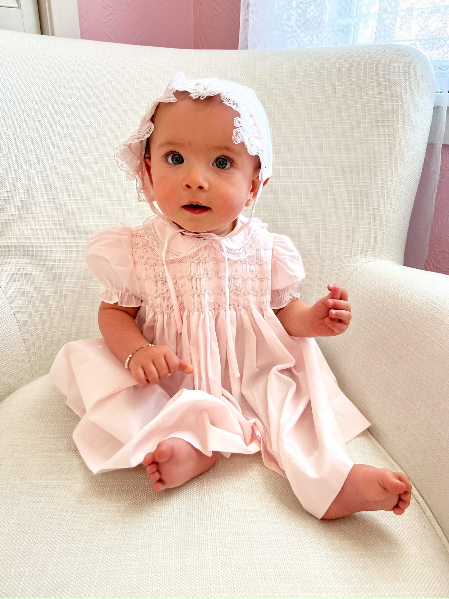 Fully Smocked Pink Lace Trim Dress with Bloomers & Bonnet