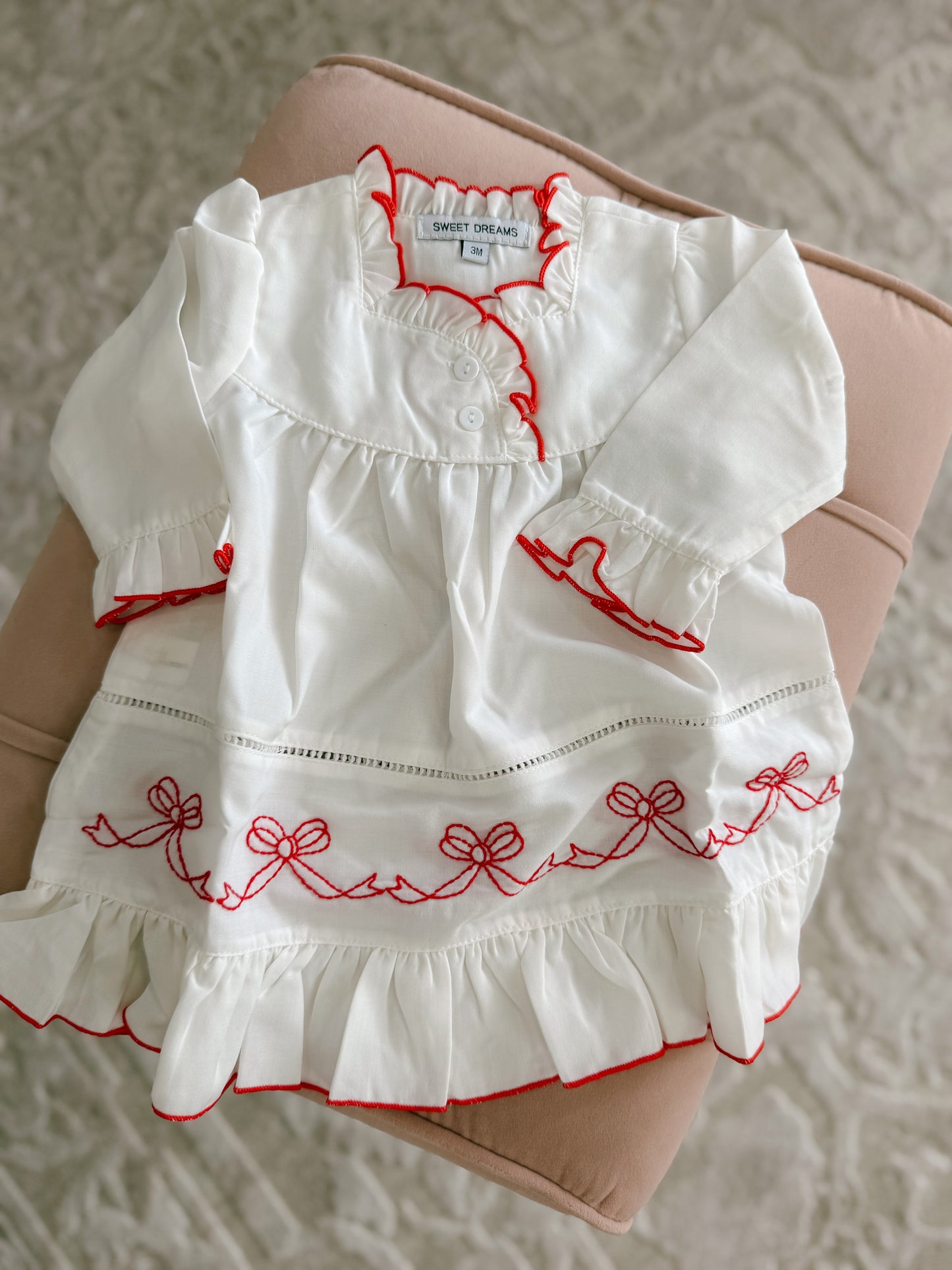 Red Bows Embroidered Ruffle Sleeve Nightgown