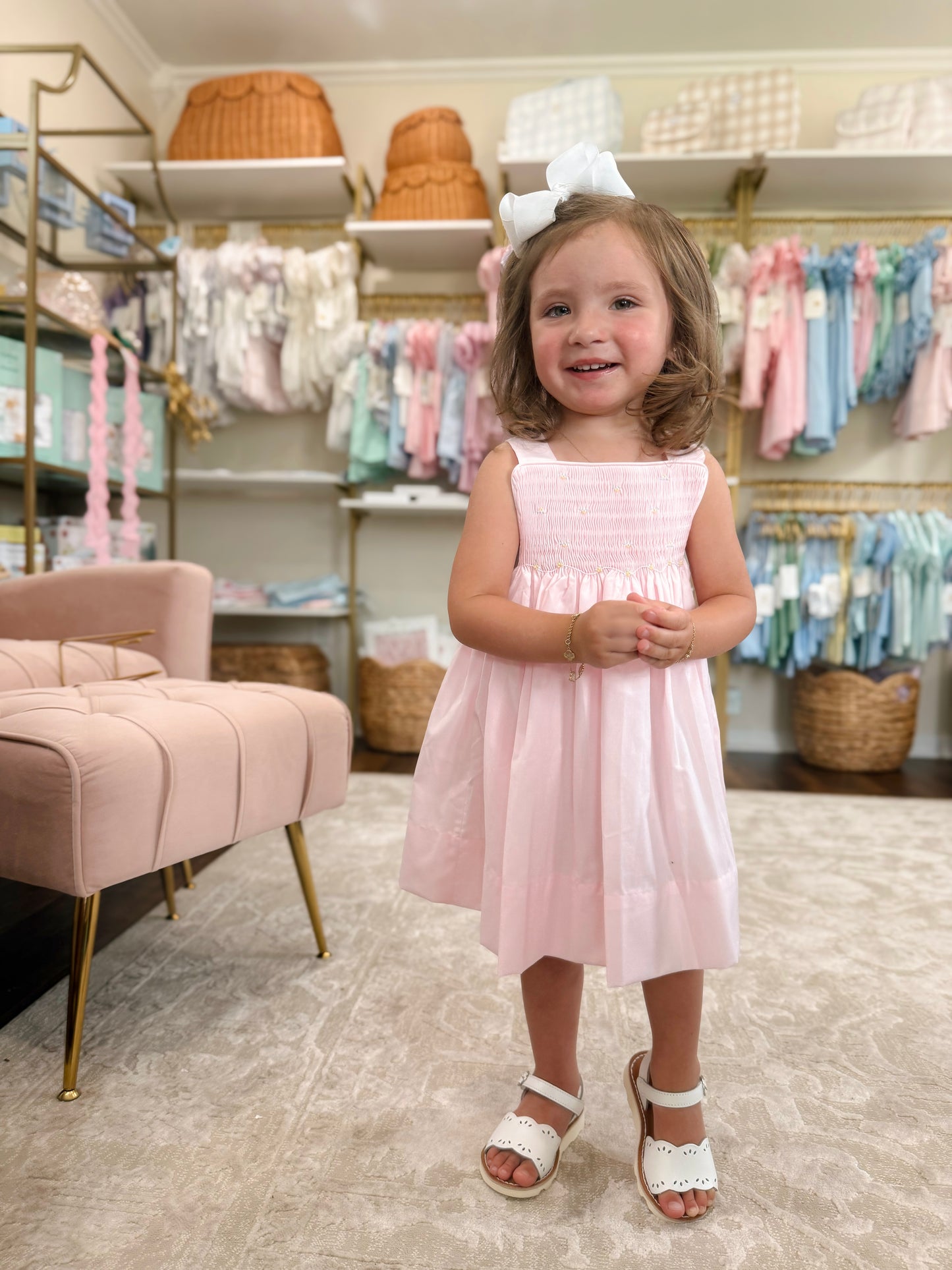 Pink Dress with Smocking & Floral Details