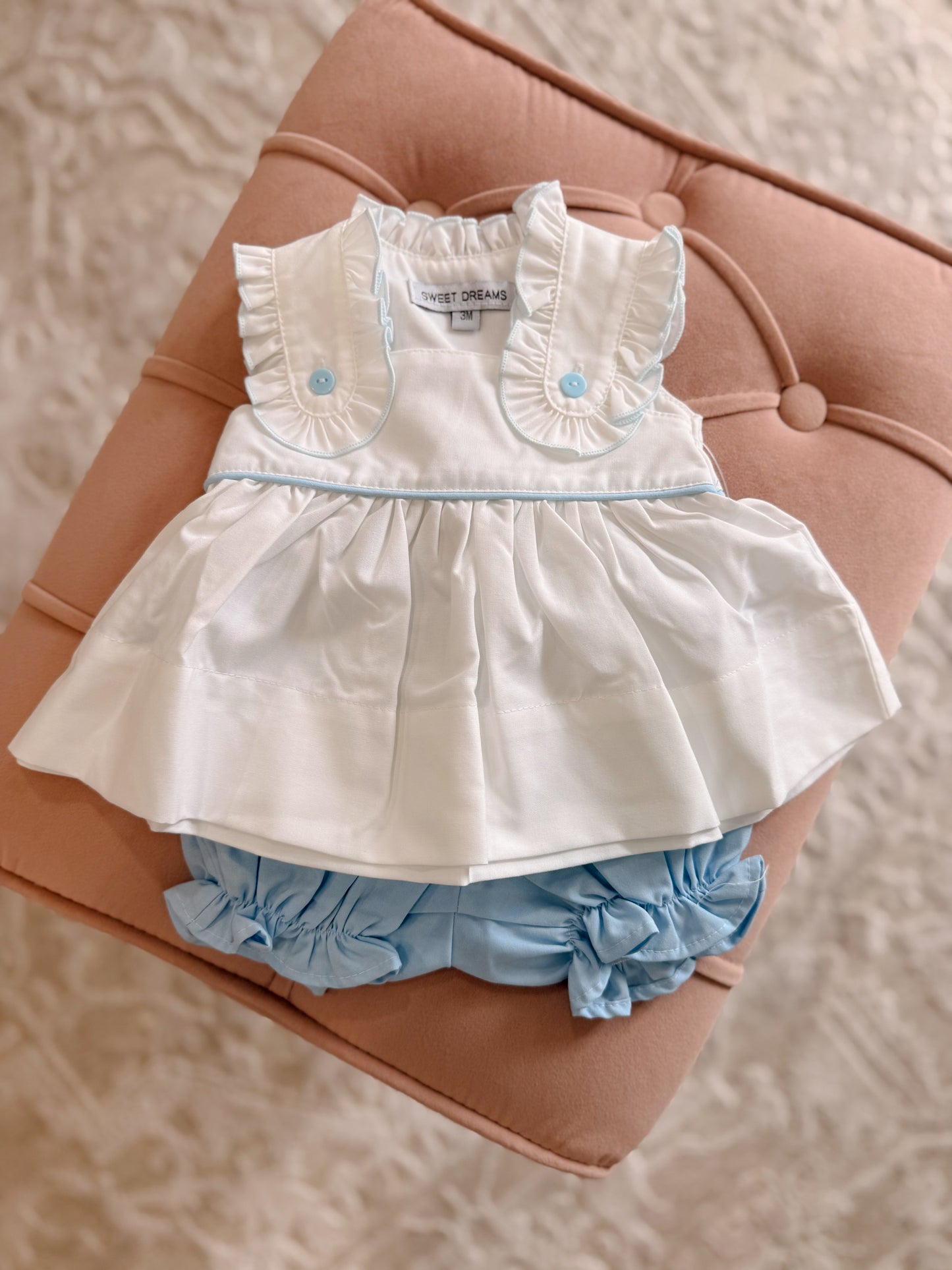 White Bloomer Set with Blue Trim