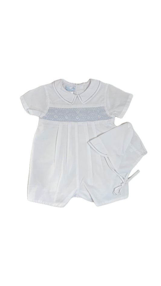 Blue and White Horizontal Smocked Romper with Hat