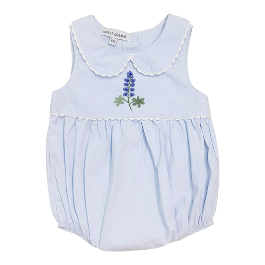 Blue Floral Embroidered Bubble with Picot Trim