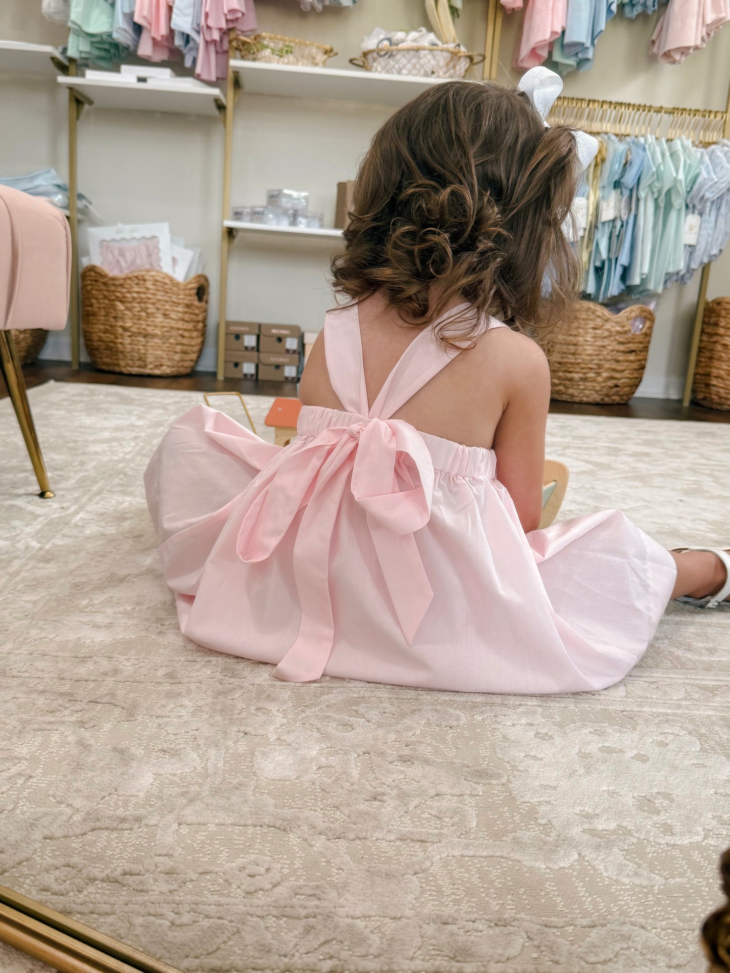 Pink Dress with Smocking & Floral Details