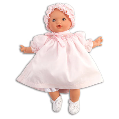 Abby Blue Eye 10” Babydoll with Pink Bullion Rose Smocked Dress, Bloomers & Bonnet