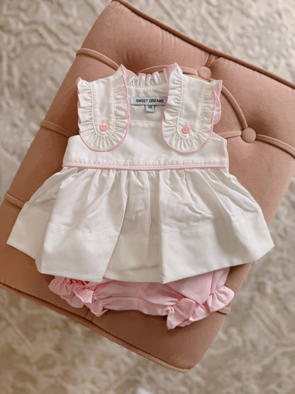 White Bloomer Set with Pink Trim