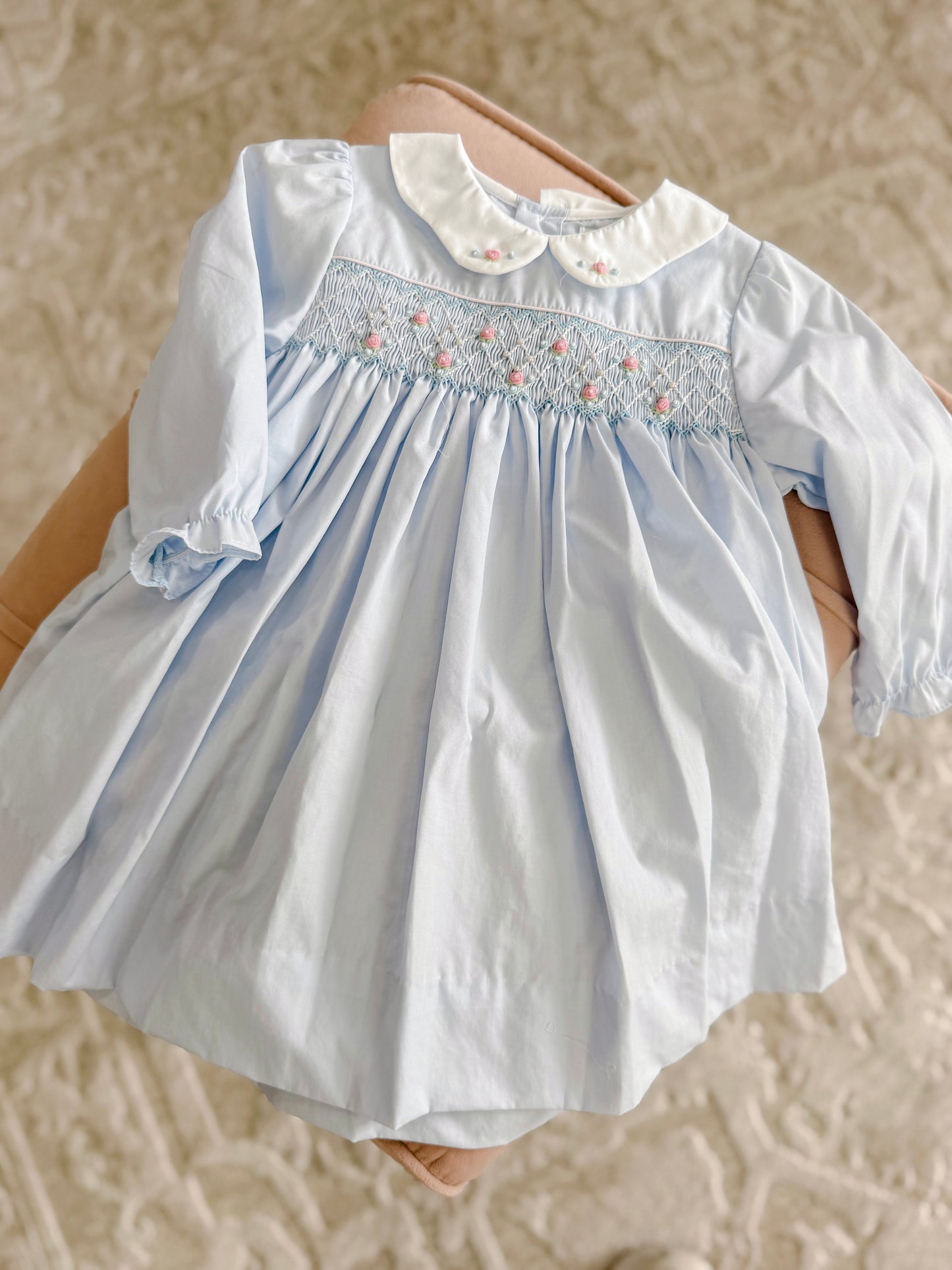 Blue Fully Smocked Dress with Petal Collar
